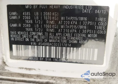 2013 Subaru Outback 2.5I z USA, uszkodzony, nr VIN 4S4BRBAC0D3317814